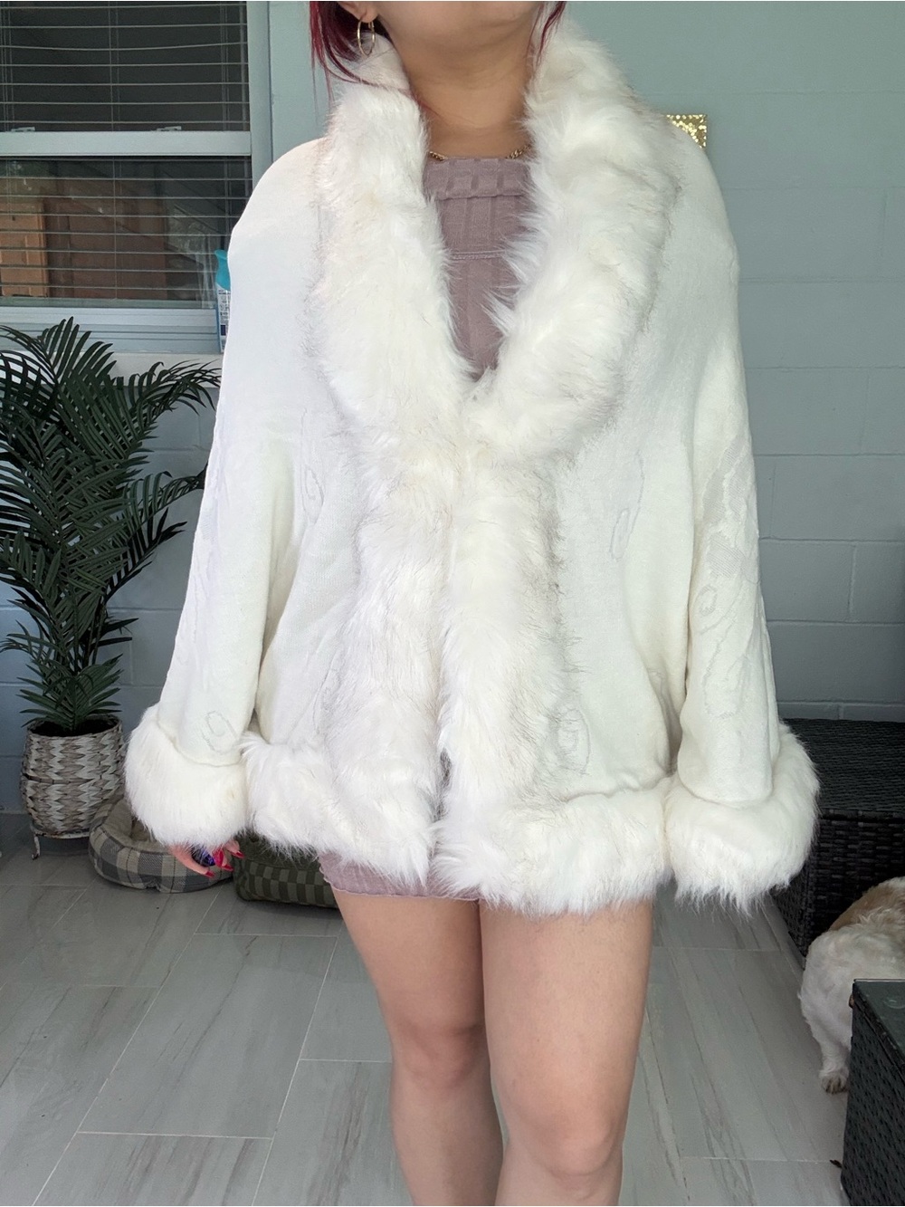 Ivory White Faux Fur Trim Poncho Shawl One Size